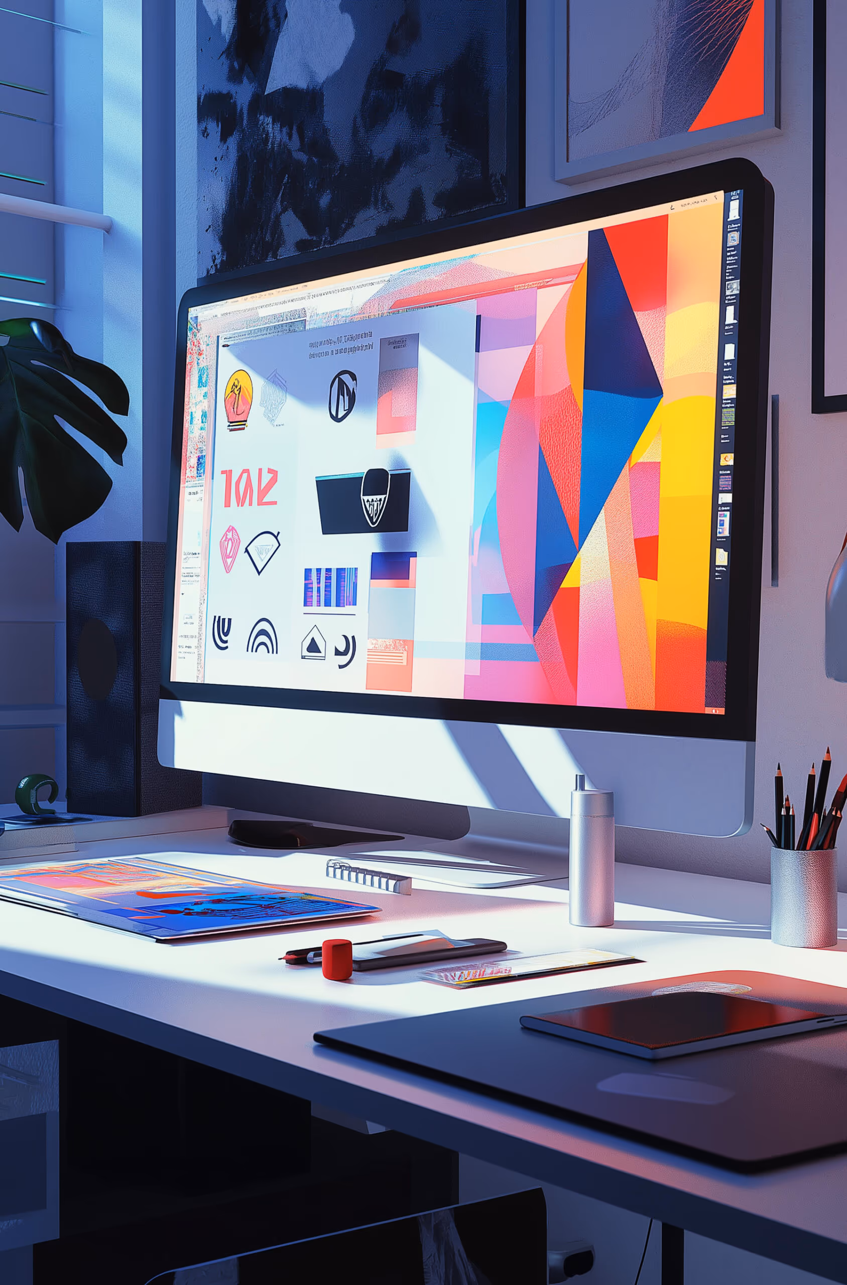 Logoentwicklung und Grafikdesign an zwei Monitoren