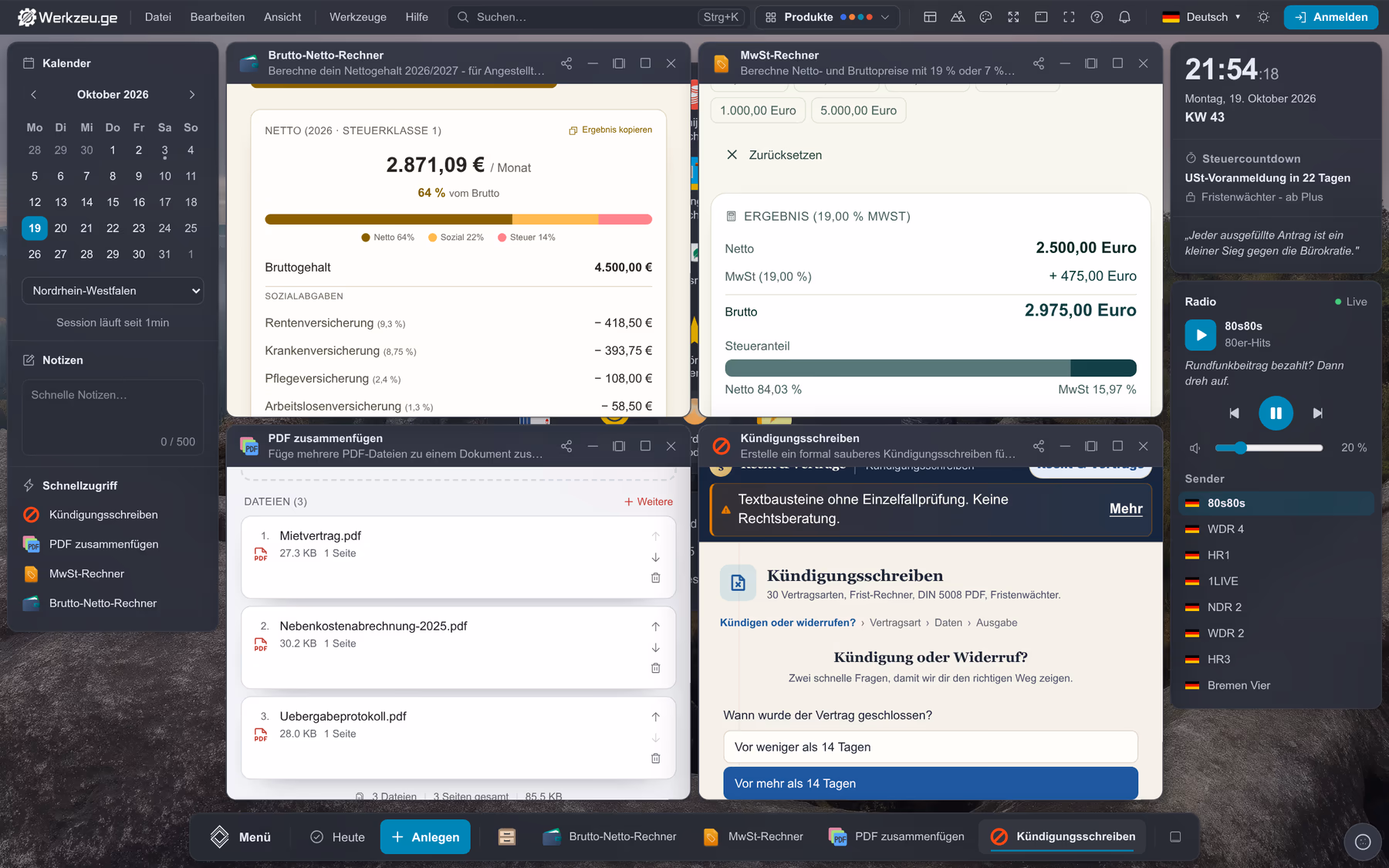 Werkzeu.ge: Desktop im Browser mit vier Werkzeugen