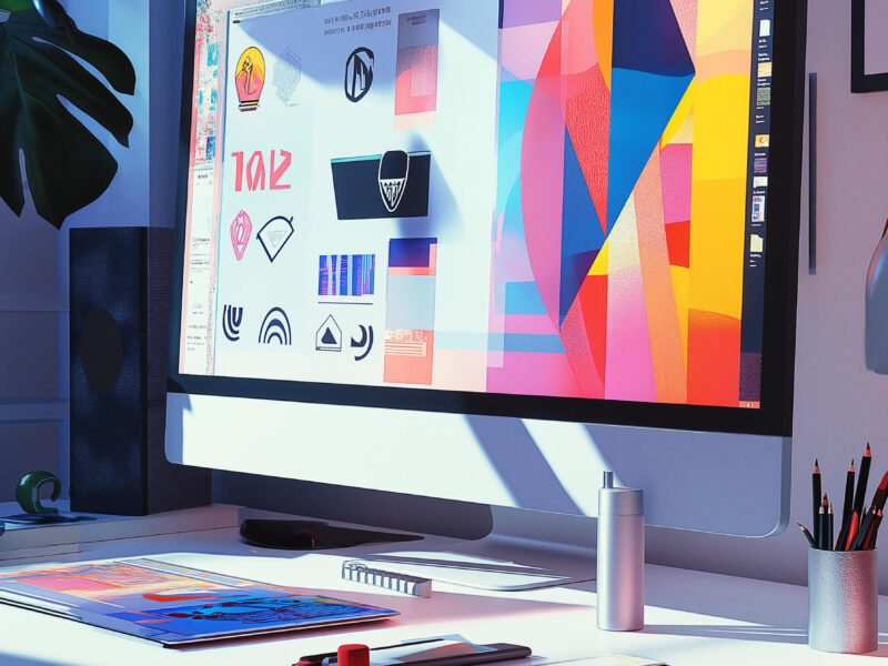 Logoentwicklung und Grafikdesign an zwei Monitoren